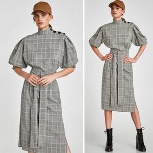 ZARA Button Neck Puff Sleeve Side Slits Checkered Plaid Belted Midi Dress Sz XL